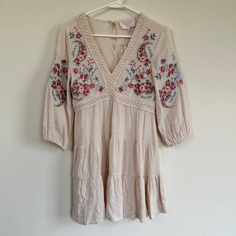 Audrey Parks Francescas Boho Norah Dress XS Floral Embroidered A Line 3/4 Sleeve - Picture 2 of 13